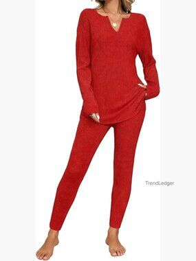 Women's Ribbed Knit Pajama Set Long Sleeve Top and Leggings Lounge Sleepwear